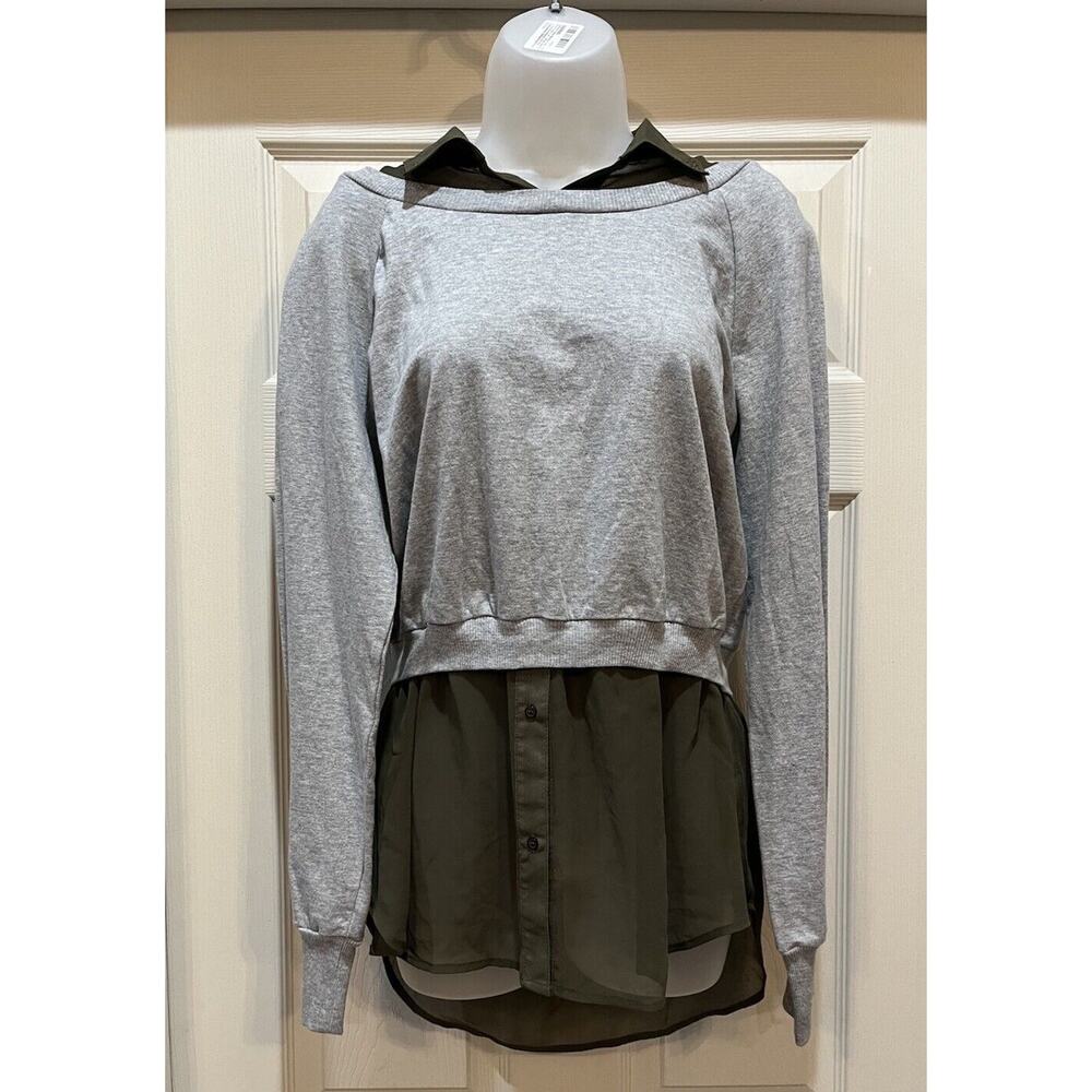 Layered Look: Gray Pullover Sweater with Olive Shirt Hem